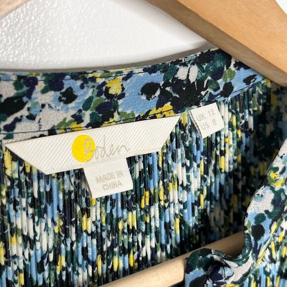 Boden Womens Button Up Plisse Pleated Blouse 8 Blue Yellow Floral Long Sleeve - Picture 7 of 12
